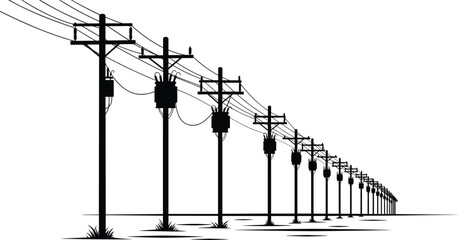 PrintUtility poles with transformers, power lines, electric grid infrastructure, rural energy distribution, electrical transmission, black and white vector art