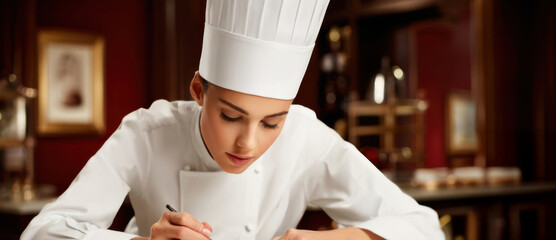 Female chef concentrating while meticulously plating a dish. It shows a concept of haute cuisine, professionalism and culinary art.