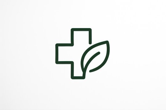 Modern green cross with leaf symbolizes holistic health and natural wellness solutions.