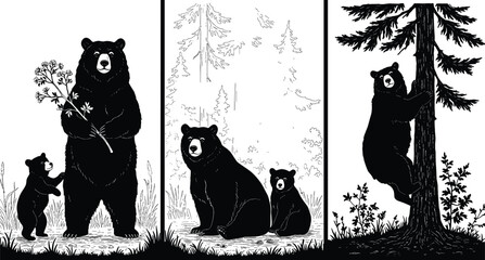 Bear family silhouette set, forest animal vector, climbing bear and cubs illustration, nature wildlife clipart, woodland scene design, black graphic art © Bappi Creatives