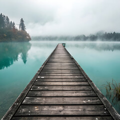 wooden pier extending into misty teal lake