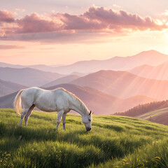 white horse grazing in mountain pasture at sunrise