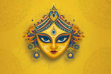 Happy Durga Puja Festival banner design with an artwork of the goddess Druga's face on a yellow backdrop.
