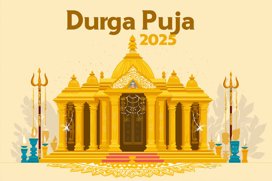 Flat illustration of Durga Puja scene, bold and bright colors, symmetrical pandal design, decorative rangoli at the bottom, trishul and dhak on each side, clean modern vector look