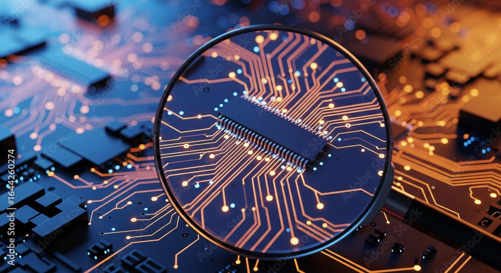 Poster close up of a circuit board with a magnifying glass showing the details of the microchip design