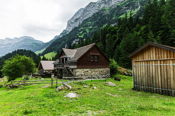 Traditional wooden and stone alpine houses set against a backdrop of lush forest and towering...