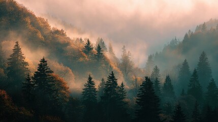 Obraz premium Misty forest with layered fog and soft warm sunrise light.