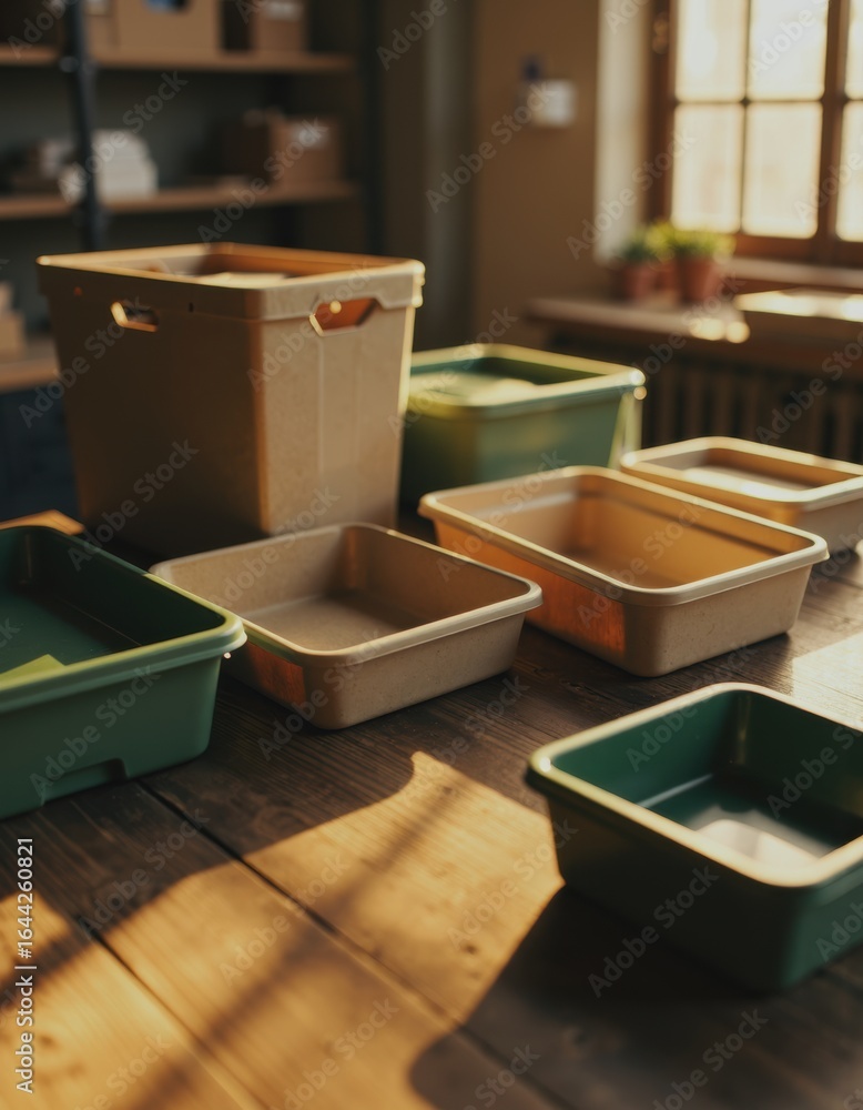 Poster sorting table with empty trays and totes in a well-lit workspace