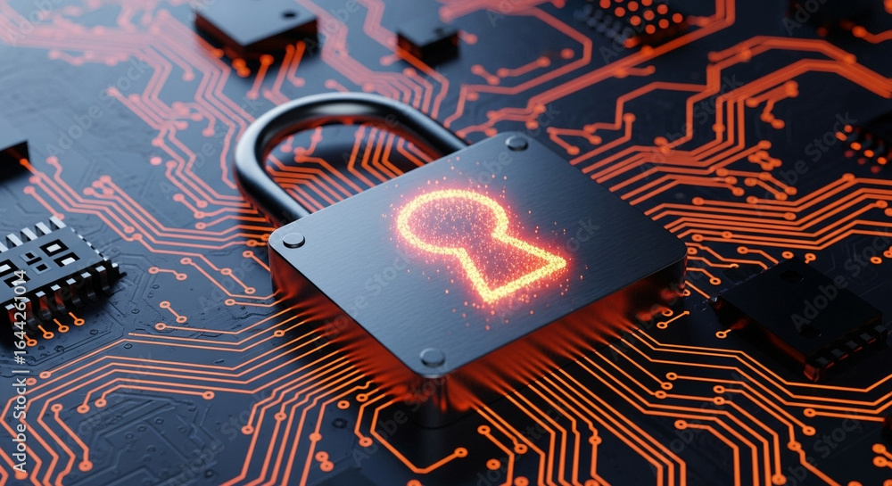 Poster a padlock with a glowing keyhole on a circuit board representing cybersecurity and data protection