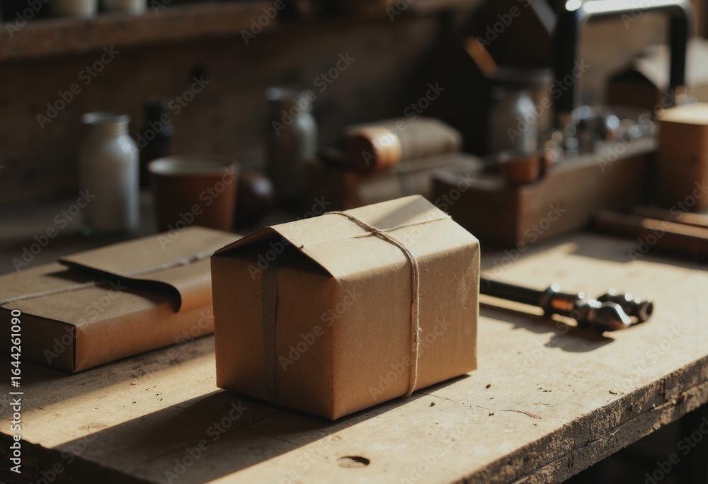 Poster strapping station with plain tools and a neatly wrapped package at rest