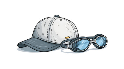 Gray Baseball Cap and Blue Goggles Resting on a White Background: Pixel Art Illustration of Summer Sports Accessories, Detailed Close-up View Showing