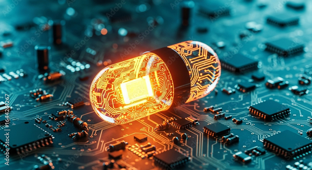 Poster a glowing digital capsule on a circuit board with visible microchips and intricate connections