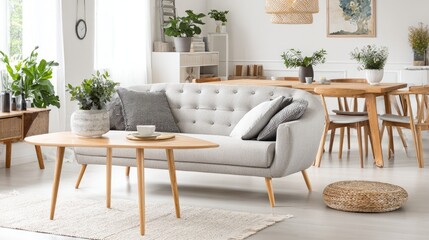 A light-filled living area with a comfortable light gray couch and wooden furniture.