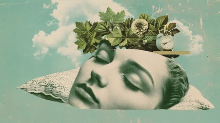 Retro Surreal Collage of a sleeping woman with floral crown and vintage clock in dreamy sky background.