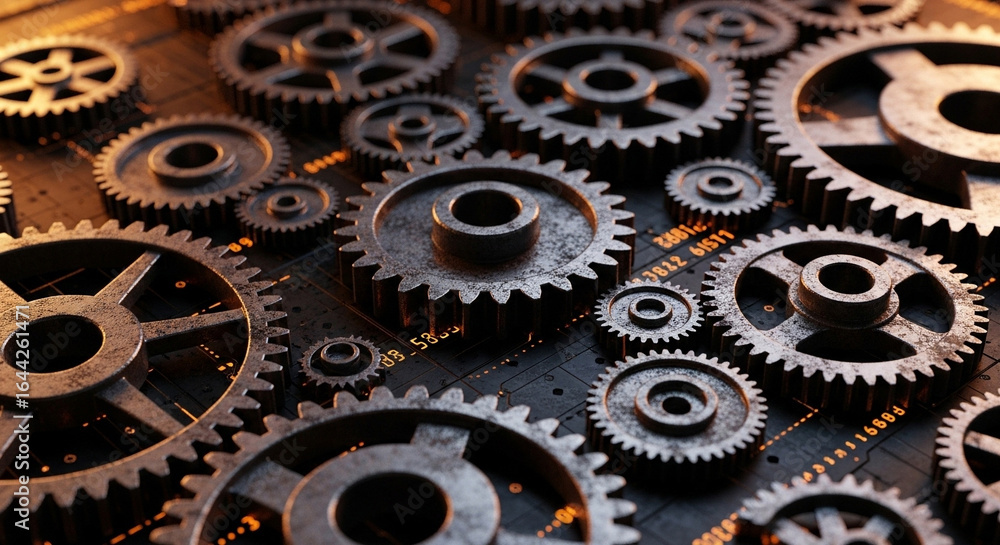 Aufkleber close up of multiple metal gears arranged on a dark surface with digital elements visible beneath