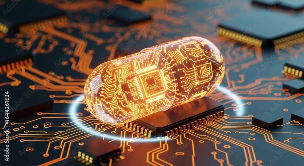 Aufkleber digital capsule with circuit board design resting on a modern electronic chip surface design