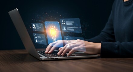 Person typing on a laptop with glowing digital interface and data visualizations