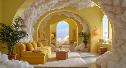 Whimsical yellow room with floating cotton clouds and archway