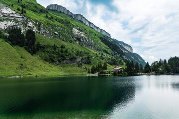Tranquil Seealpsee lake reflecting lush green meadows and towering alpine peaks in the Swiss Alps, creating a breathtaking summer mountain landscape.