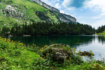 Tranquil Seealpsee lake reflecting lush green meadows and towering alpine peaks in the Swiss Alps,...