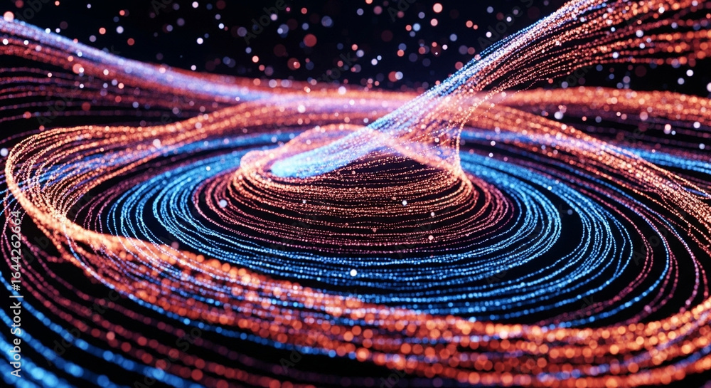 Poster abstract rendering of swirling light patterns in blue and orange on a dark background with bokeh