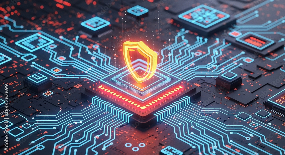 Poster glowing shield icon on a central processing unit with blue circuit board and red highlights design