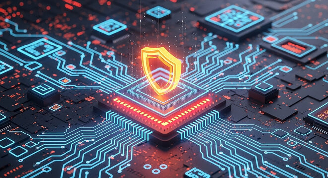 Glowing shield icon on a central processing unit with blue circuit board and red highlights design - Powered by Adobe