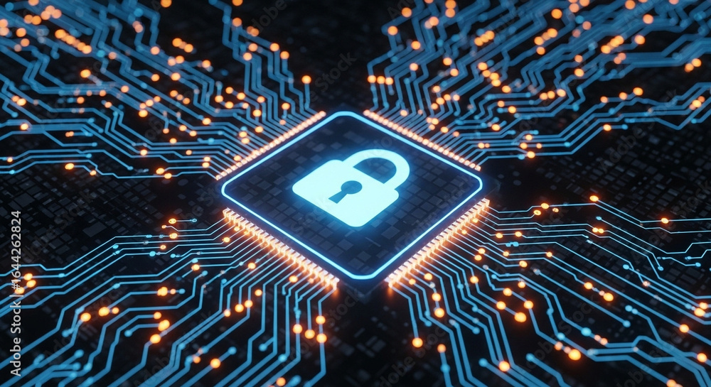 Poster a glowing padlock on a chip surrounded by intricate network of circuits and orange light points