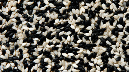 High Angle Close Up Shot of a Mix of Black and White Sesame Seeds Food Texture Background