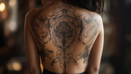 Woman's back with elaborate tattoo