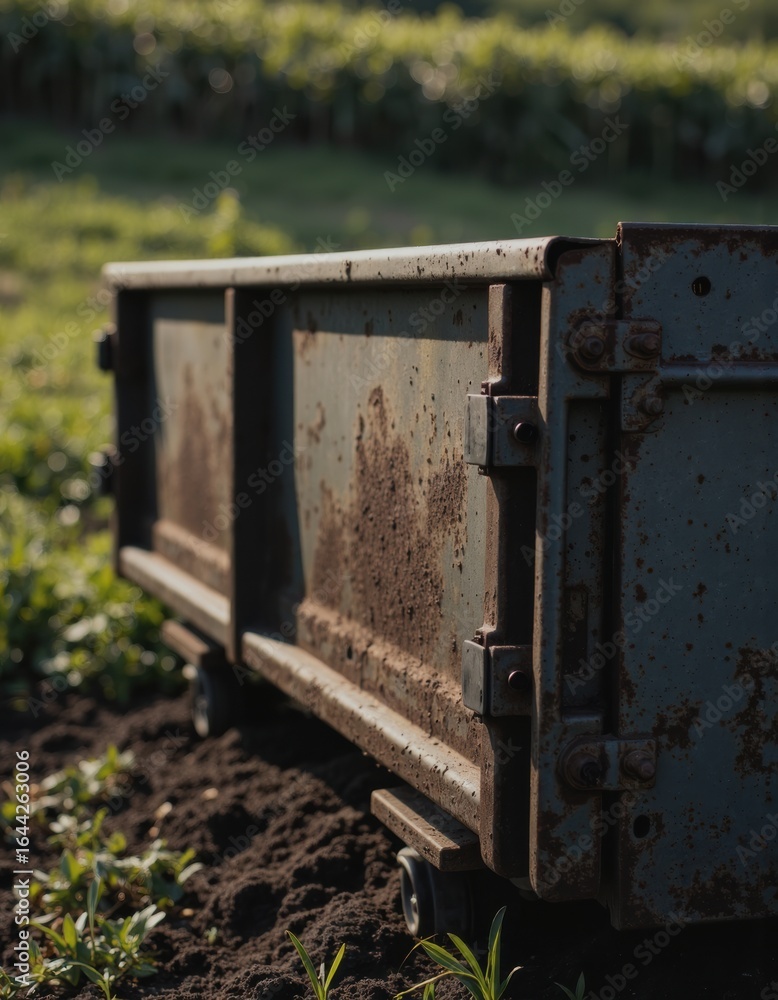 Poster weathered soil hopper with guard rails in a lush agricultural field