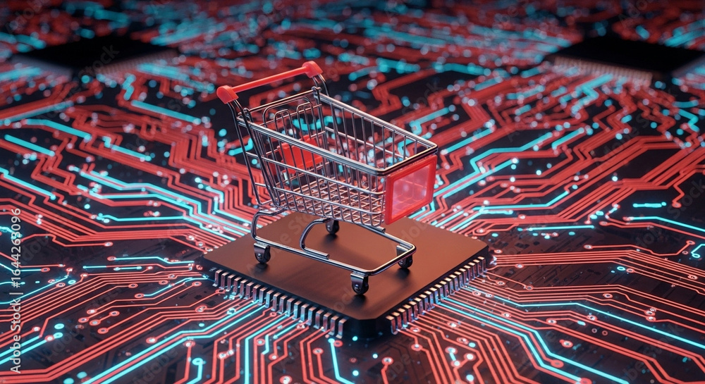 Poster a miniature shopping cart sitting on a computer chip with red and blue circuit board background