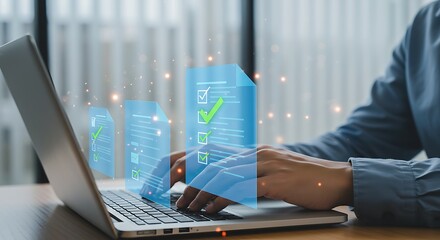 Person working on laptop with futuristic financial data visualization overlay