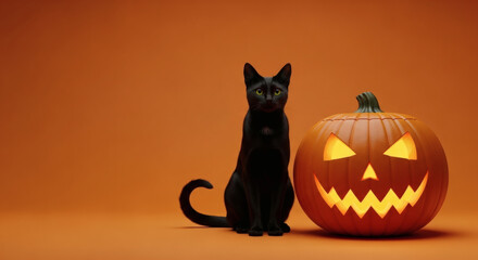 A black cat and jack-o'-lantern create a classic Halloween scene.