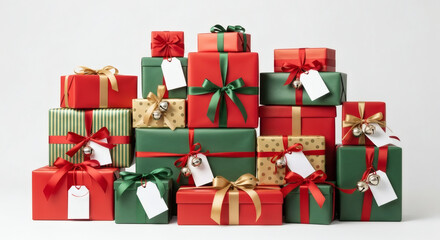 A festive stack of beautifully wrapped Christmas gifts, ready for giving and celebrating the holidays.