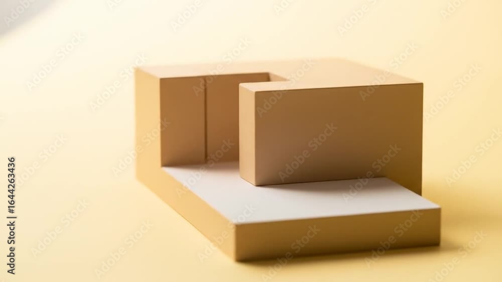 Poster beige geometric blocks arranged on yellow background with a modern minimalist style and empty surfac