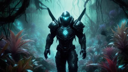 Futuristic warrior in a mystical forest