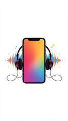 Smartphone playing music with headphones and colorful soundwaves
