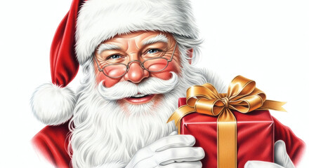 Naklejka premium Santa Claus happily holding a wrapped gift, perfect for Christmas or holiday greetings.