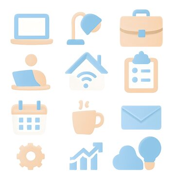 Minimalist Remote Work and Productivity Icons &ndash; Pastel Blue and Beige Vector Set