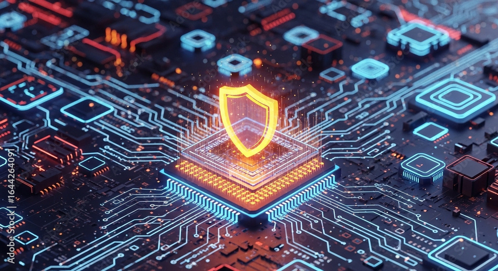 Poster glowing shield icon on a central processing unit with blue and orange circuit board lines design