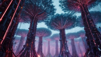 Futuristic forest of glowing trees