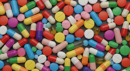 An overhead shot of a colorful assortment of various pills and capsules scattered on a dark surface