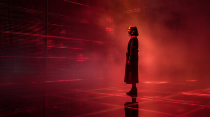 A figure stands in a futuristic environment with red lighting and digital patterns. The person wears a long coat and a helmet, embodying themes of technology and identity. AI-Coded Identity.