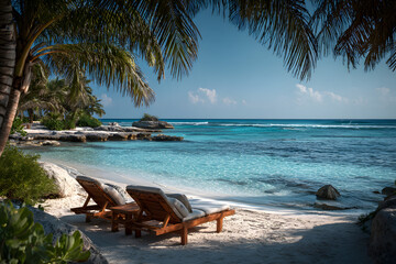 A beach with two lounge chairs and a palm tree in the background
