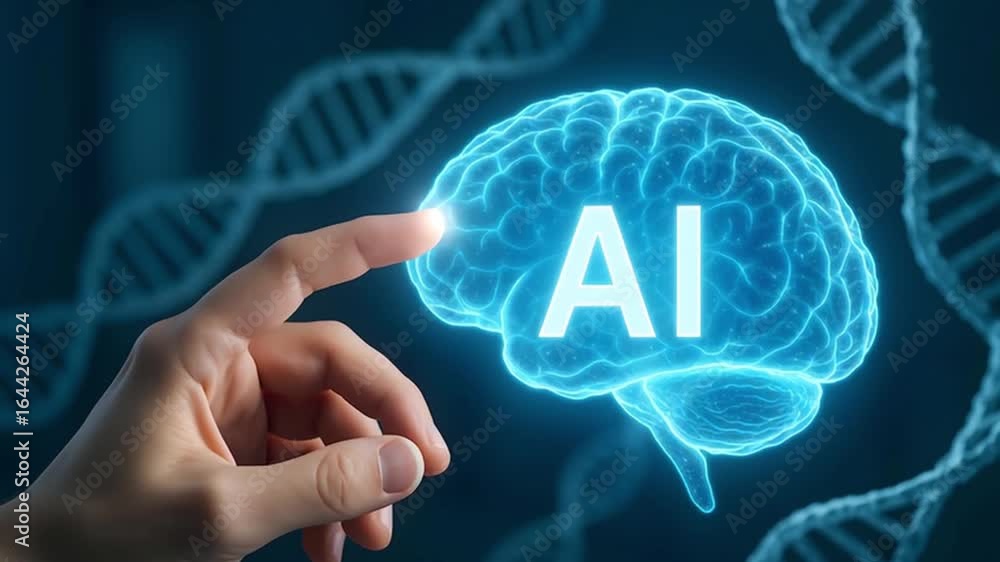 Poster a hand pointing towards a glowing ai brain, showcasing the concept of artificial intelligence and it