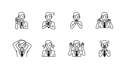Fototapeta premium Businessman Emotion Icons Set. Line art vector illustrations of a man in suit showing various feelings and actions.