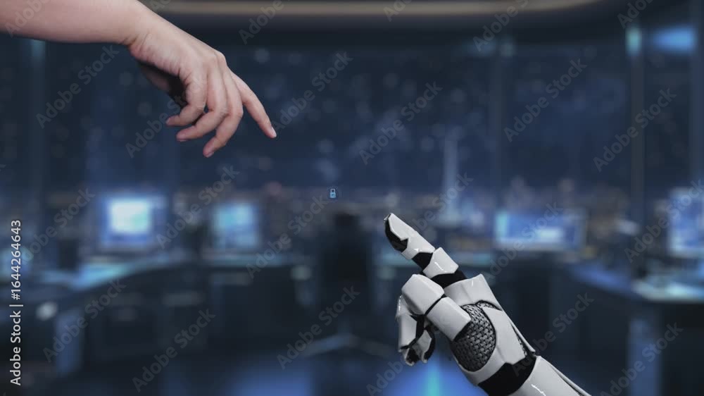 Aufkleber a conceptual video showcasing the interaction between a human hand and a robotic hand in a digital c