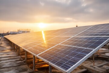 Modern rooftop solar panels glowing under golden hour sunlight.