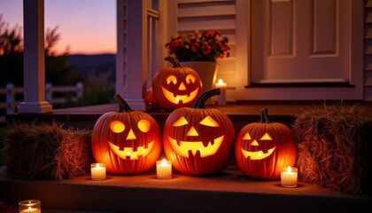 Obraz premium Glowing jack-o'-lanterns on porch steps decorated for Halloween 